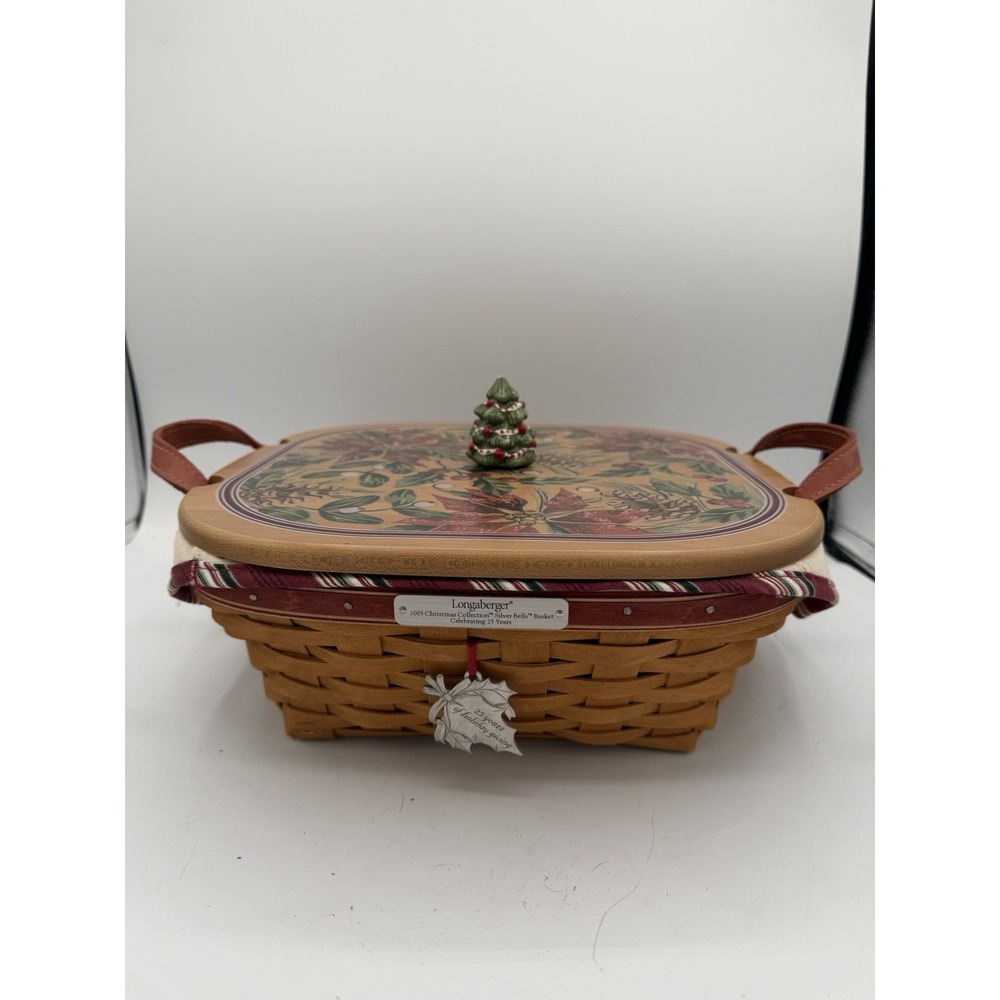 Longaberger 2005 Silver Bells Basket Set 🧺 Lid, Liner, Protector & Holiday Knob